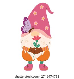 Spring Gnome Holding Flower Cute Garden Dwarf Vector Illustration