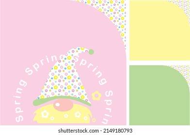 Icono de Gnome de primavera. Plantilla de publicación de Instagram floral. Banner de medios sociales al cuadrado en colores pastel