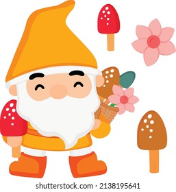 Spring Gnome love harvesting colorful Mushroom Vector Clipart