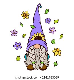 Spring gnome sunflower hat. Cute character design. Holiday greeting graphic design. Viking gnome funny clipart. Spring summer garden gnome. Scandinavian dwarf tomte vector illustration. Easter print.