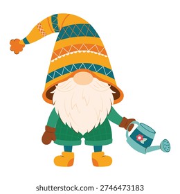 Spring Gnome with Watering Can Cute Garden Dwarf Vector Illustration