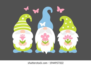 Spring gnomes with flowers and butterfly . Funny vector illustration. Cute scandinavian characters. Three dwarf with beards and hats. Nordic gnomes in cartoon style. Holiday greeting card.