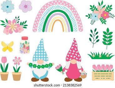 Spring Gnomes flowers rainbow vector illustration