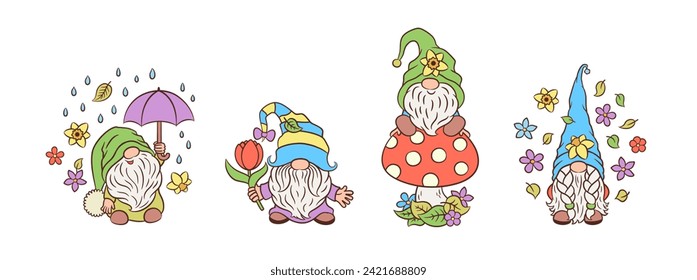 La primavera gnomes personajes divertidos. Cute macho escandinavo elfo divertido vector gnomo. Crítica del corazón del hadas de primavera divertida y caprichosa. gnomos adorables con flores de primavera, tulipán, paraguas, taburete.