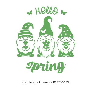 Spring gnomes silhouette with flowers and quote Hello spring. Spring sign, emblem or badge.