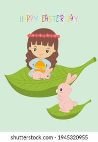 The Spring Goddess hugged an Easter egg floating on the fallen leaves with the Easter Bunny.