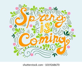 spring goes lettering vector illustration, on blue background