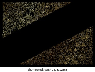 Spring gold floral rectangle frame with flowers and leaves. For sheet design, scrapbooking, greeting card, banner