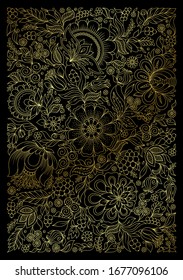 Spring gold floral rectangle frame with flowers and leaves. For sheet design, scrapbooking, greeting card, banner