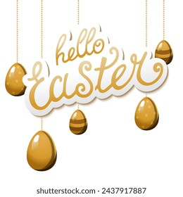 Oro de primavera colgando huevos con el texto Hola Pascua en el fondo. Ilustración en estilo plano. Vector clipart para el diseño de la tarjeta, banner, flyer, venta, póster