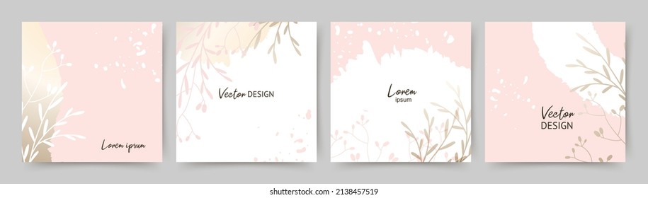 Spring gold pink square backgrounds. Minimal style with floral elements and texture. Editable vector template for card, banner,  invitation, social media post, poster, mobile apps, web ads