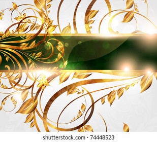 Spring golden card with seamless ornament at background and sun shine. eps 10