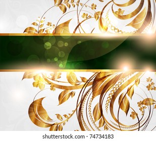 Spring golden card with seamless ornament at background and sun shine. eps 10