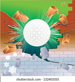 Spring golf ball breaking through red brick thawing brick wall