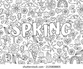 Spring. Good Vibes. Positive, Groovy Hand drawn coloring pages for kids and adults. Beautiful drawings with patterns. Motivational quotes. Coloring book pictures with blooming flowers, smiles