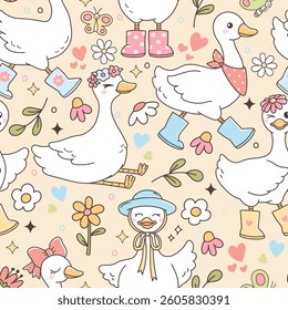 Spring Goose Seamless Pattern Isolated on Orange Background Vector