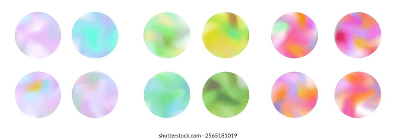 Spring gradient circle set with abstract blur and pastel tones. Vibrant pink, green, yellow, and lavender hues. Vector abstract gradient shapes for creative design.