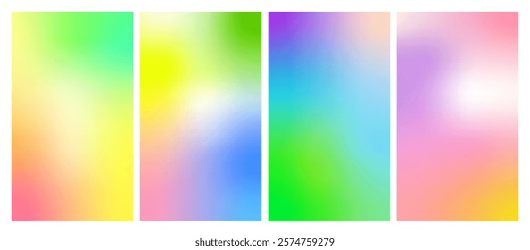 Spring Gradients Set. Abstract Colorful Backgrounds. Blurred Summer Posters with Soft Pastel Graphics. Vector Neon Patterns in Bright Blue, Pink, Green and Yellow Colors