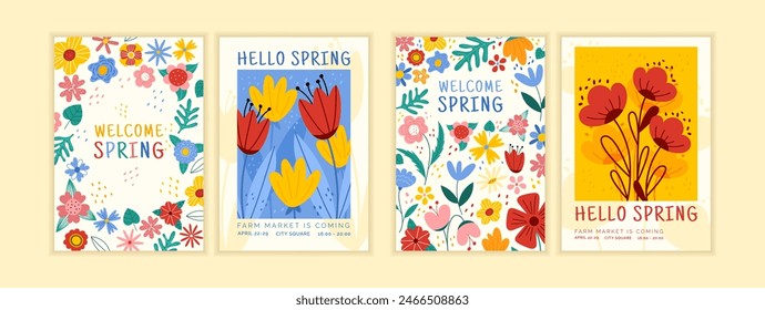 Spring graphic pattern. Card plant design. Easter holiday, summer poster. Flower abstract. Doodle colorful tulip, blossom botanical, paint bouquet. Farm market invitation. Vector garish design set
