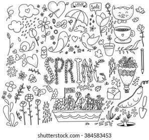 Spring graphics set. Hand drawn vector illustration with flowers and leafs, heart, birds, umbrella, bouquet and other. Isolated design elements. Black and white.