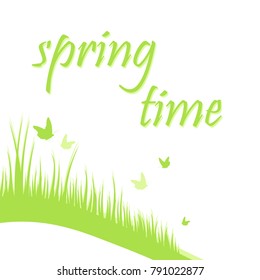 spring grass background. Fresh grass on the hills. Butterflies fly in the meadow. Nature spring background. Vector illustration. Eps 10.
