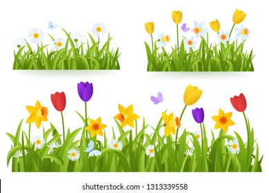 Spring grass border with early spring flowers and butterfly isolated on white background. Illustration of colored tulips, daffodils and daisies. Garden bed. Springtime design element. Vector eps 10.