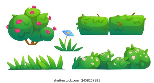 Spring grass border. Isolated plant and flower. Green field lawn for garden or forest meadow at springtime. Cute nature bush flora drawing horizontal fence. Foliage hedge decoration for environment