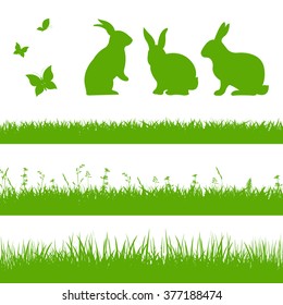 Spring Grass Border With Rabbits, Vector Illustration