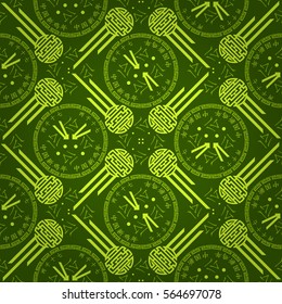 Spring grass bright green fancy seamless pattern in eastern style. Equable puzzle repeatable backdrop. Hieroglyph translation: Chinese New Year of the Rooster 2017