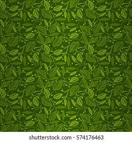 Spring grass bright green fancy seamless pattern in leaf carpet style. Classic tracery. Vector background.