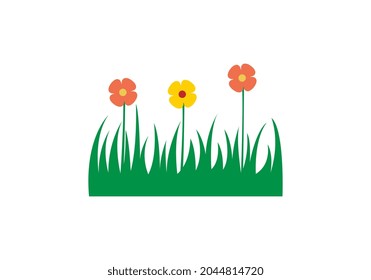 Borde de hierba de primavera y flores, elemento decorativo de tarjeta de saludo de Pascua, ilustración vectorial plana aislada en fondo blanco. Elemento de decoración de Semana Santa con hierba de primavera y flores de pradera