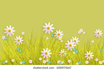 Spring grass and flowers border on green background with copy space. Horizontal banner for Easter greeting card and congratulation poster. Cartoon vector illustration.
