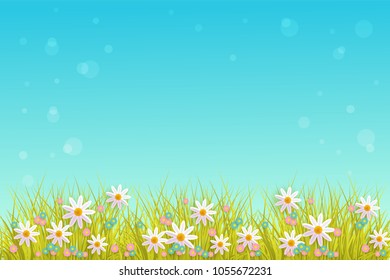 Spring grass and flowers border on blue sky background with empty space for text - greeting card decoration element for Easter congratulation. Cartoon vector illustration.