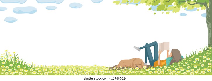 Spring grass and flowers border.  Woman is reading a book. Dog sleeps comfortably. Easter decoration element with spring grass and meadow. Easter greeting card decoration element. Frame design.