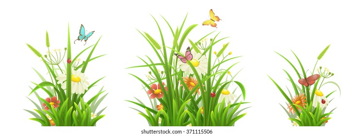 Spring grass, flowers and butterflies,  vector illustration set