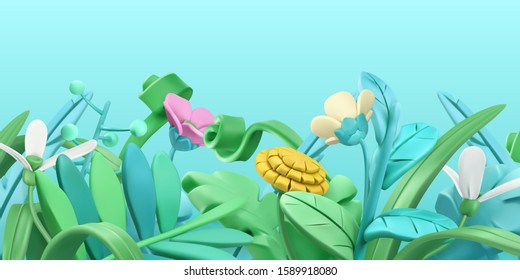 Spring grass and flowers. Cartoon. 3d vector background. Plasticine art illustration