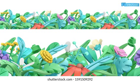 Spring grass and flowers. Cartoon. 3d vector seamless pattern