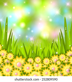 Spring grass with flowers and copy space for your custom text