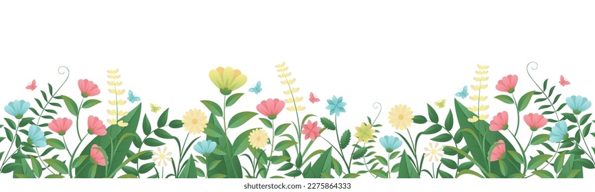 Spring grass and flowers, Easter greeting card element, Park decoration background with spring grass and meadow flowers for spring sale, banner, poster, cover, templates, social media, feed, 