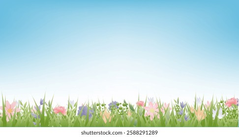 Spring Grass And F;owers Blue Background 
With Gradient Mesh, Vector Illustration