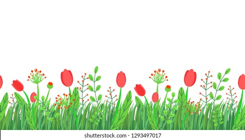 Spring grass seamless border vector with flowers for easter templates. Floral wildflower springtime nature plant element isolated on white background in minimal style.