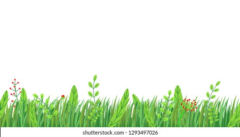 Spring grass seamless border vector. Floral springtime nature plant element isolated on white background in minimal style.