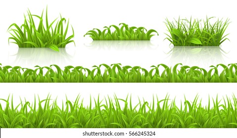 Spring grass seamless pattern and icons, 3d vector set