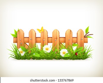 Spring grass and wooden fence vector