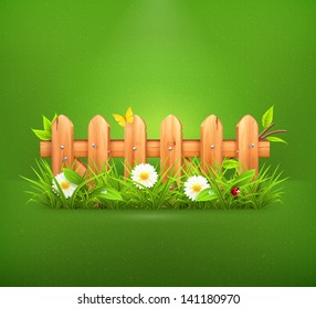 Spring grass and wooden fence vector