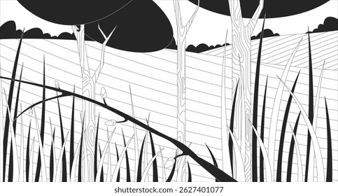 Spring grassland landscape with bud branch and trees line illustration backdrop. Tall grasses, rolling hills. Springtime field. Summer nature 2D ink outline monochrome background. Lineart vector