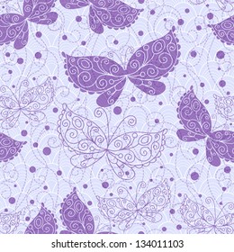 Spring gray-blue seamless pattern with transparent violet butterflies and curls (vector EPS 10)