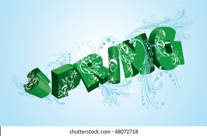 Spring Green 3D Word On Blue. Vector Illustration.