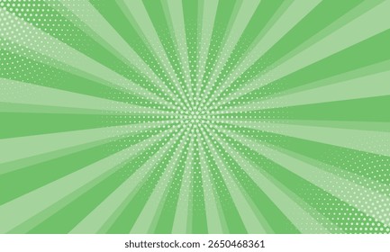 Spring green abstract background with light of sunburst. Abstract starburst with halftone. Sun ray retro background with flash,