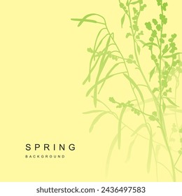 Spring green abstract nature background. Elegant floral pattern with elements of wild flowers and herbs. Vector template for card, banner, invitation, social media post, poster, advertisement